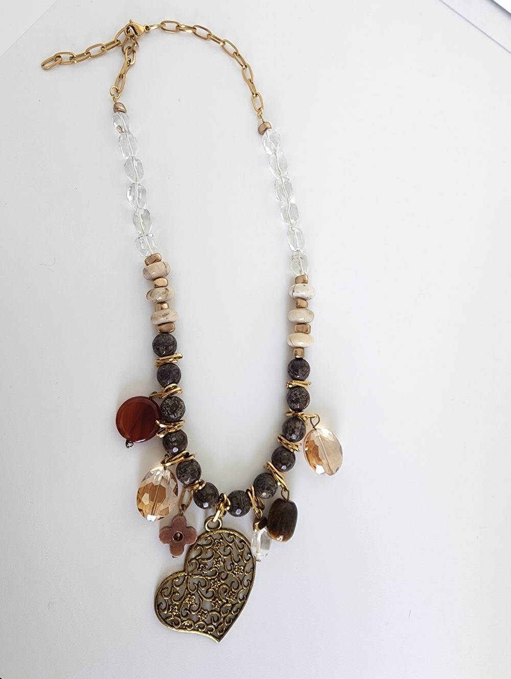 Boho statement necklace featuring natural Clear quartz and Agate Beads - Picture 4 of 6